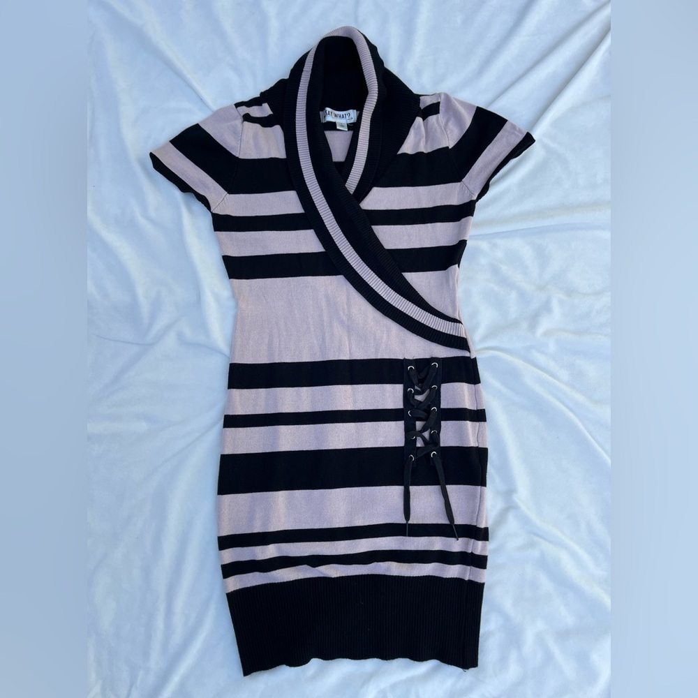 Say What? Surplice Neck Lace-Up Mini Dress in Black and Pink